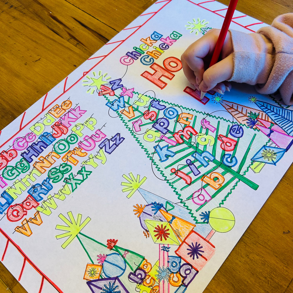 Christmas coloring placemats Chicka Chicka Ho Ho Ho theme