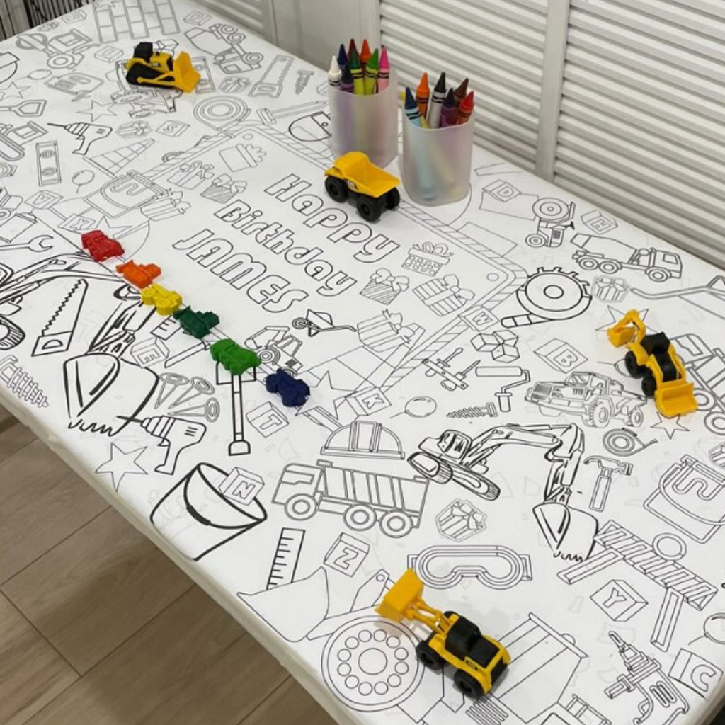 Construction birthday party personalized kids coloring tablecloth activity